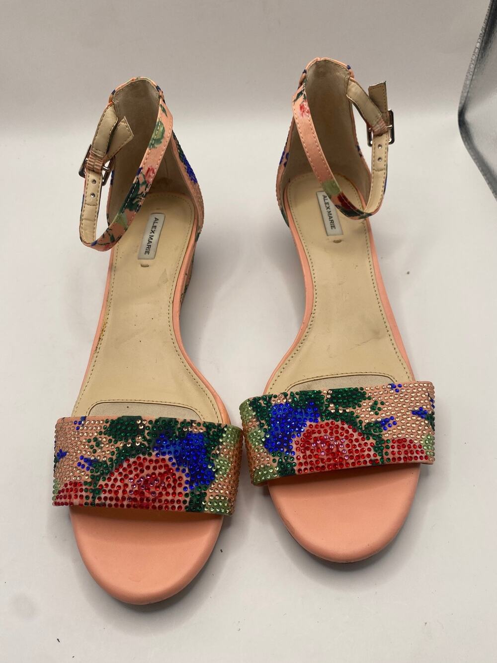 Alex Marie Embellished Beaded Floral Sandals 8.5M Ankle Strap Pink Multicolor